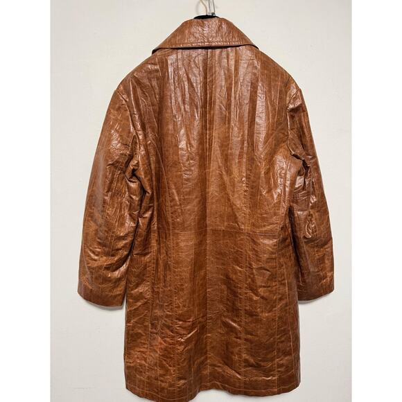 Perverze Jacket Womens Medium Brown Faux Leather Long Coat Button Up Retro Look - Picture 7 of 16